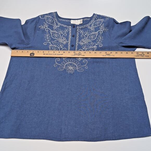 Susan Graver Blouse Top Womens Plus Size 1X Blue Linen Blend Embroidered Boho - Picture 7 of 12